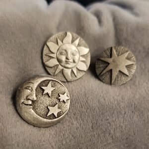 Vintage Pewter Pins - Silver Sun Moon and Star Celestial Brooch Set of 3 Pins
